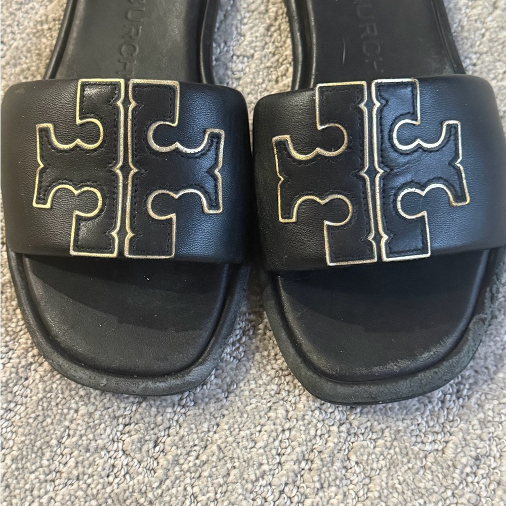 Tory Burch Black Leather Logo Slide Sandals with Gold Trim 7.5 - Picture 4 of 4